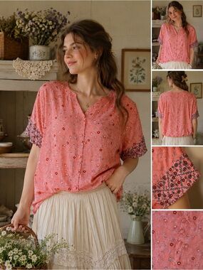 Vintage New Frontier Coral Pink Floral Rayon Blouse XL Cottagecore Boho USA Made